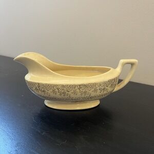 Vintage Gravy‎ Boat Unmarked Brown Gold Pattern Aged Cream Color Crazed Stained
